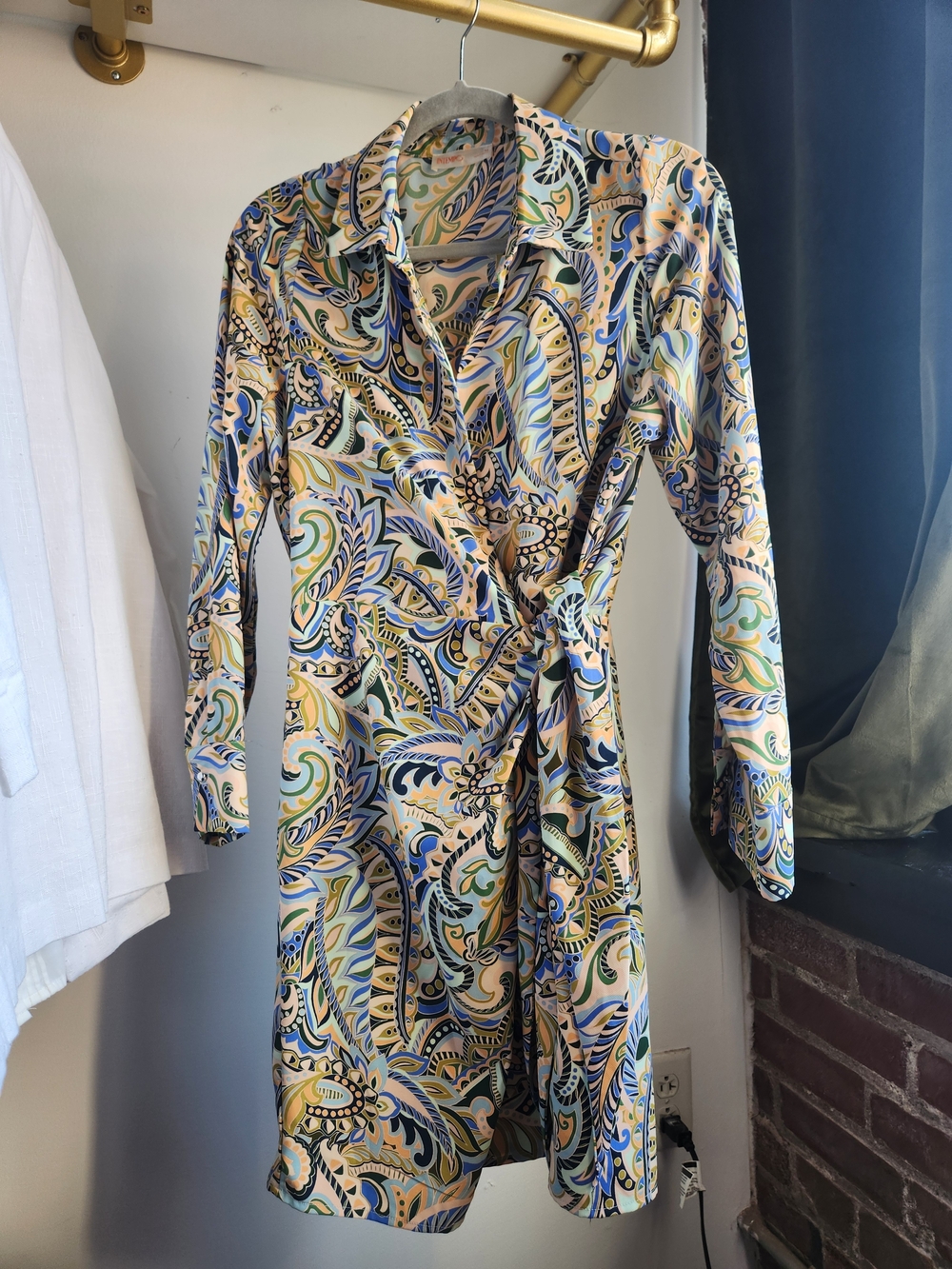 Vintage Paisley Print Wrap Shirt Dress in Blue, Green & Cream